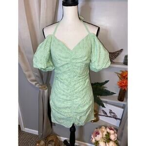 NWT $118.00 Mint Green 6 Off Shoulder Eyelet Lined Bunched Puff Sleeve Dress